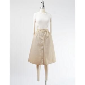 Vintage 80s Khaki Safari A-line Button Front Flared Midi Skirt with Pockets M